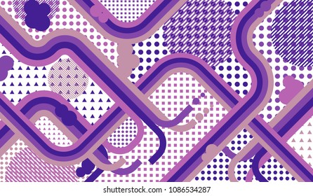 Memphis background. Abstract pattern with color strips and different elements for paper or print. Pop-Art Style. Vintage Background with Color Elements in Disco Style. Vector Texture.