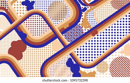 Memphis background. Abstract pattern with color strips and different elements for paper or print. Pop-Art Style. Vintage Background with Color Elements in Disco Style. Vector Texture.