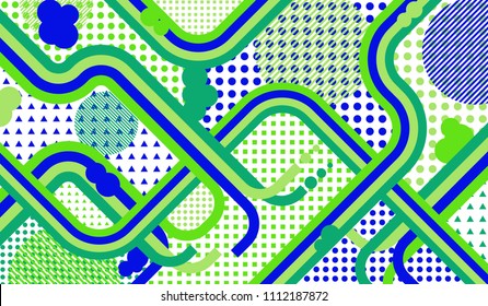 Memphis background. Abstract pattern with color strips and different elements for textile or wallpaper. Retro-Fututristic Background with Color Elements in Disco Style. Vector Texture.