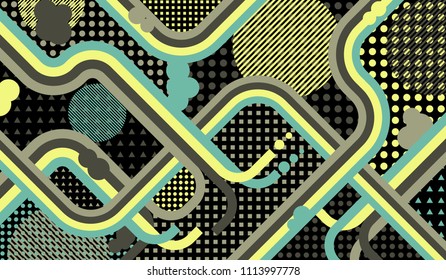 Memphis background. Abstract pattern with color strips and different elements for paper or print. Retro Pattern with Color Elements for your Design. Vector Texture.