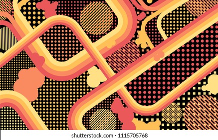 Memphis background. Abstract pattern with color strips and different elements for banner or mobile application. Retro-Fututristic Background with Color Elements in Disco Style. Vector Texture.