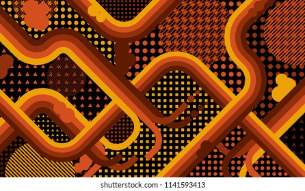 Memphis background. Abstract pattern with color strips and different elements for paper or print. Retro-Fututristic Background with Color Elements in Disco Style. Vector Texture.