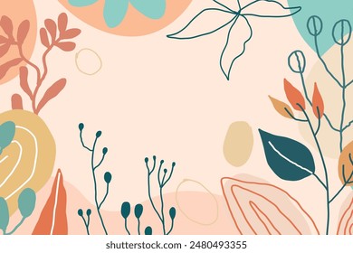 Memphis background abstract plants and leaves. hand drawing, curved lines and spots, spirals and dots trendy colors.