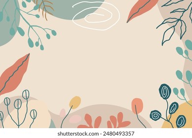 Plantas y hojas abstractas de fondo de Memphis. dibujo a mano, líneas curvas y manchas, espirales y puntos colores de moda.