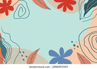 Memphis background abstract plants and leaves. hand drawing, curved lines and spots, spirals and dots trendy colors.
