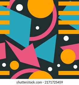 Memphis background, bauhaus seamless pattern in style of  60s. Geometric modern wallpaper with circles, triangles, squares. Vector illustration