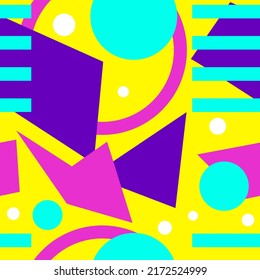 Memphis background, bauhaus seamless pattern in style of  60s. Geometric modern wallpaper with circles, triangles, squares. Vector illustration
