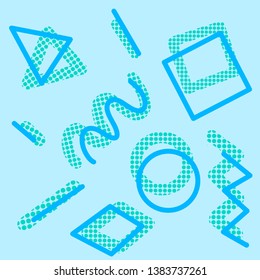 Memphis background with blue abstract shapes. 80s geometric retro style vector illustration. Flat design elements for banner, flyer, card, cover, template and poster. Eps10 