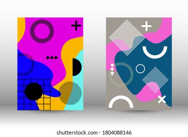 Conjunto de la cubierta de fondo de Memphis. Ilustración vectorial abstracta de moda. Diseño de fondo geométrico colorido. Ilustración de banner vector creativo.