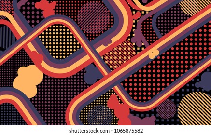 Memphis background. Disco background with color lines and different elements for banner or mobile application. Retro Pattern with Color Elements for your Design. Vector Texture.