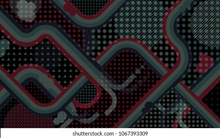 Memphis background. Disco background with color lines and different elements for paper or print. Pop-Art Style. Vintage Background with Color Elements in Disco Style. Vector Texture.