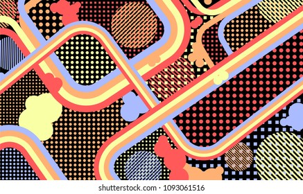 Memphis background. Disco background with color lines and different elements for banner or mobile application. Pop-Art Style. Vintage Background with Color Elements in Disco Style. Vector Texture.