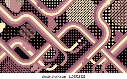 Memphis background. Disco background with color lines and different elements for banner or mobile application. Retro-Fututristic Background with Color Elements in Disco Style. Vector Texture.