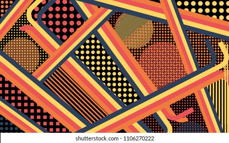 Memphis background. Disco background with color lines and different elements for paper or print. Retro-Fututristic Background with Color Elements in Disco Style. Vector Texture.