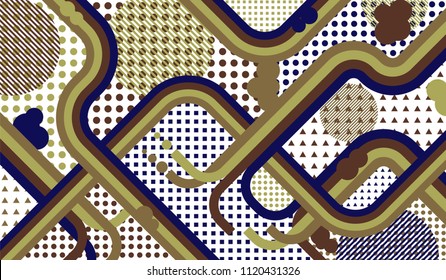 Memphis background. Disco background with color lines and different elements for card or flyer. Retro-Fututristic Background with Color Elements in Disco Style. Vector Texture.