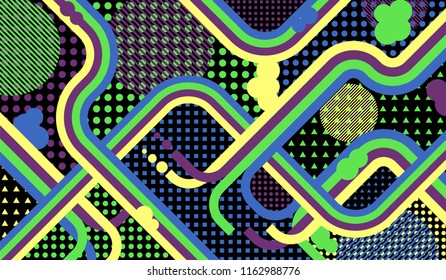 Memphis background. Disco background with color lines and different elements for banner or mobile application. Pop-Art Style. Vintage Background with Color Elements in Disco Style. Vector Texture.