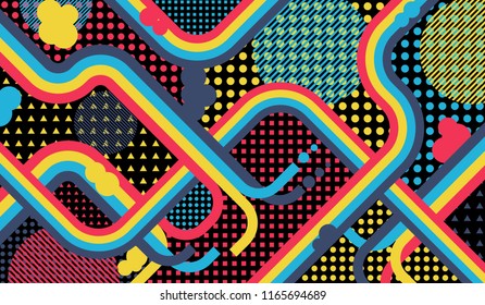 Memphis background. Disco background with color lines and different elements for paper or print. Retro Pattern with Color Elements for your Design. Vector Texture.