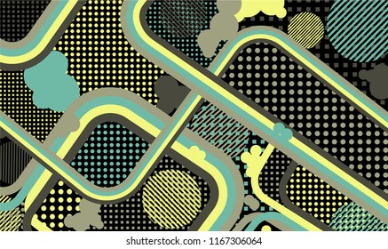 Memphis background. Disco background with color lines and different elements for card or flyer. Retro-Fututristic Background with Color Elements in Disco Style. Vector Texture.