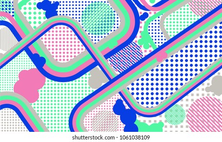 Memphis background. Disco pattern with color strips and different elements for card or flyer. Pop-Art Style. Vintage Background with Color Elements in Disco Style. Vector Texture.