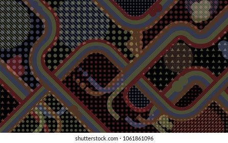 Memphis background. Disco pattern with color strips and different elements for textile or wallpaper. Retro Pattern with Color Elements for your Design. Vector Texture.