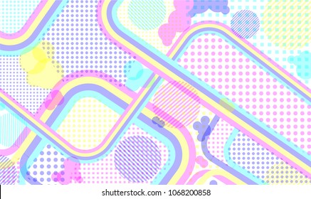 Memphis background. Disco pattern with color strips and different elements for card or flyer. Retro-Fututristic Background with Color Elements in Disco Style. Vector Texture.