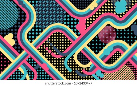 Memphis background. Disco pattern with color strips and different elements for paper or print. Pop-Art Style. Vintage Background with Color Elements in Disco Style. Vector Texture.