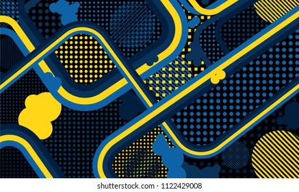 Memphis background. Disco pattern with color strips and different elements for textile or wallpaper. Retro-Fututristic Background with Color Elements in Disco Style. Vector Texture.