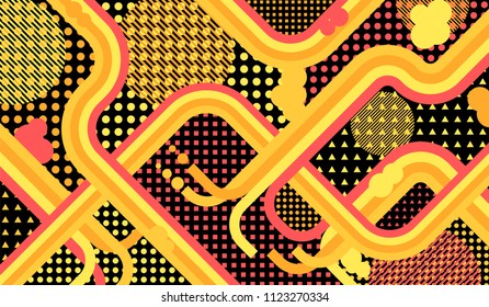 Memphis background. Disco pattern with color strips and different elements for paper or print. Retro Pattern with Color Elements for your Design. Vector Texture.