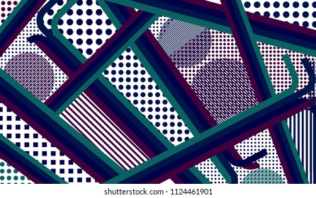 Memphis background. Disco pattern with color strips and different elements for banner or mobile application. Retro Pattern with Color Elements for your Design. Vector Texture.