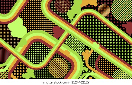 Memphis background. Disco pattern with color strips and different elements for card or flyer. Pop-Art Style. Vintage Background with Color Elements in Disco Style. Vector Texture.