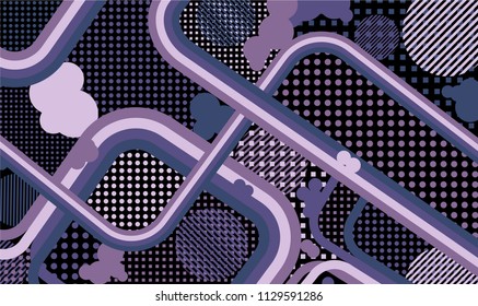 Memphis background. Disco pattern with color strips and different elements for banner or mobile application. Pop-Art Style. Vintage Background with Color Elements in Disco Style. Vector Texture.