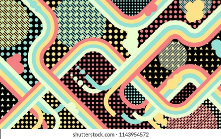 Memphis background. Disco pattern with color strips and different elements for banner or mobile application. Retro-Fututristic Background with Color Elements in Disco Style. Vector Texture.