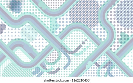 Memphis background. Disco pattern with color strips and different elements for banner or mobile application. Pop-Art Style. Vintage Background with Color Elements in Disco Style. Vector Texture.