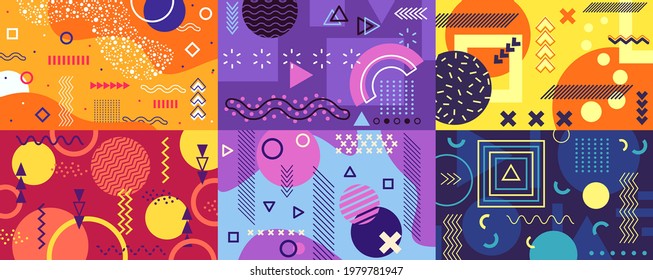 Memphis background. Funky abstract cover with geometric shapes and patterns. Fun pop art retro 80s 90s style poster template vector set. Bright colorful decor with curves, lines, circles and squares