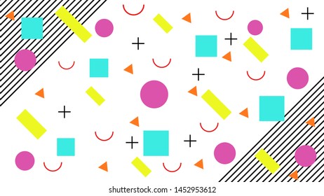 Memphis Background with geometric shape. Vector liquid splash overlay geometric design with trendy Memphis style. Design for Magazine, leaflet, billboard, Corporate, Music Poster, Ads Banner, Sale