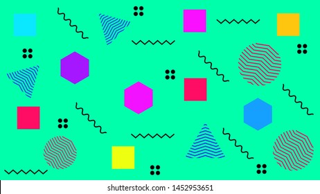 Memphis Background with geometric shape. Vector liquid splash overlay geometric design with trendy Memphis style. Design for Magazine, leaflet, billboard, Corporate, Music Poster, Ads Banner, Sale