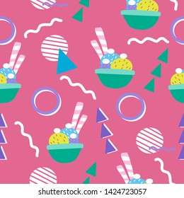 memphis background and ice cream in a seamless pattern design, perfect to use on the web, as a background, or in print, for surface design. Vector repeated pattern.