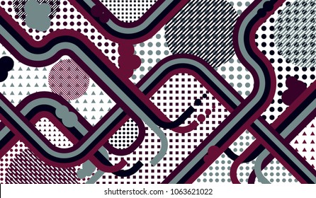 Memphis background. Modern background with color lines and different elements for card or flyer. Pop-Art Style. Vintage Background with Color Elements in Disco Style. Vector Texture.