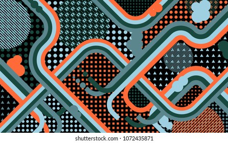 Memphis background. Modern background with color lines and different elements for banner or mobile application. Retro-Fututristic Background with Color Elements in Disco Style. Vector Texture.
