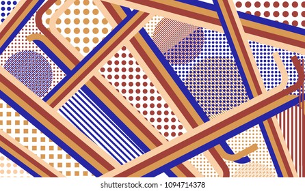 Memphis background. Modern background with color lines and different elements for banner or mobile application. Retro-Fututristic Background with Color Elements in Disco Style. Vector Texture.