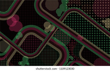 Memphis background. Modern background with color lines and different elements for textile or wallpaper. Pop-Art Style. Vintage Background with Color Elements in Disco Style. Vector Texture.