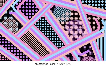 Memphis background. Modern background with color lines and different elements for banner or mobile application. Pop-Art Style. Vintage Background with Color Elements in Disco Style. Vector Texture.
