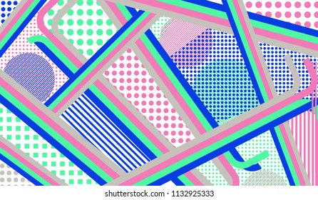 Memphis background. Modern background with color lines and different elements for banner or mobile application. Retro-Fututristic Background with Color Elements in Disco Style. Vector Texture.