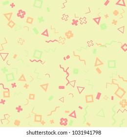 Memphis background.  Modern background with different  color figures for poster or card. Abstract memphis background with geometric colorful figures for your design. Vector texture.