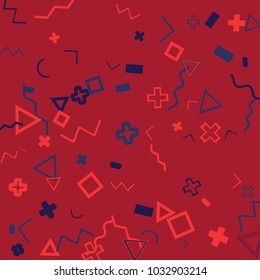 Memphis background.  Modern background with different  color figures for poster or card. Abstract memphis background with geometric colorful figures for your design. Vector texture.