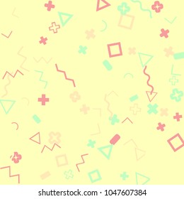 Memphis background.  Modern background with different  color figures for print or card. Abstract memphis background with geometric colorful figures for your design. Vector texture.