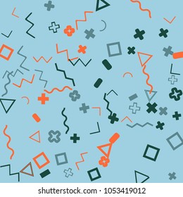 Memphis background.  Modern background with different  color figures for poster or card. Abstract memphis background with geometric colorful figures for your design. Vector texture.