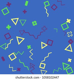 Memphis background.  Modern background with different  color figures for poster or card. Abstract memphis background with geometric colorful figures for your design. Vector texture.
