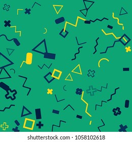 Memphis background.  Modern background with different  color figures for card or banner. Abstract memphis background with geometric colorful figures for your design. Vector texture.