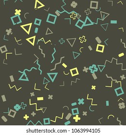Memphis background.  Modern background with different  color figures for poster or card. Abstract memphis background with geometric colorful figures for your design. Vector texture.